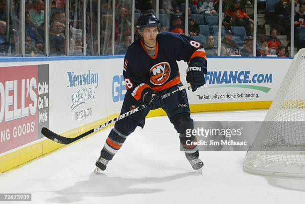 Bruno Gervais of the New York Islanders looks for a pass during their NHL game against the Carolina Hurricanes on November 22, 2006 at Nassau...