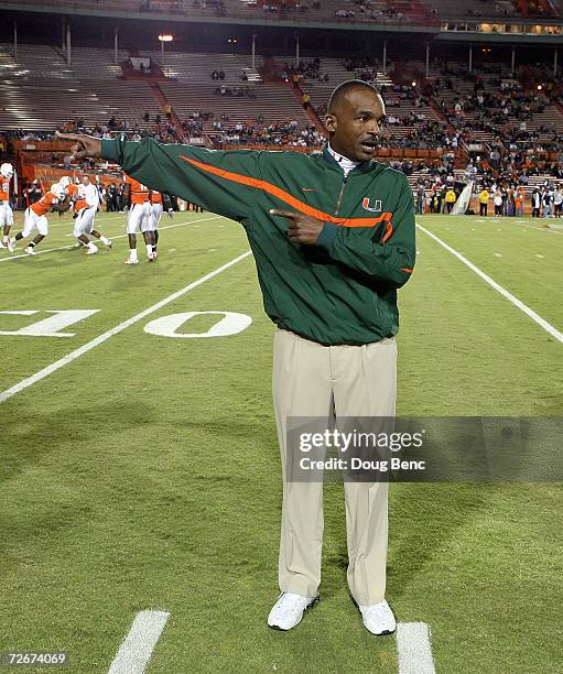 Defensive coordinator Randy Shannon of the University of Miami Hurricanes watches his team go through drills before taking on the Boston College...