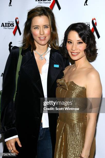 Actresses Tea Leoni and Lucy Liu arrive for a screening of "3 Needles" during the opening of The New York Aids Film Festival held at the United...