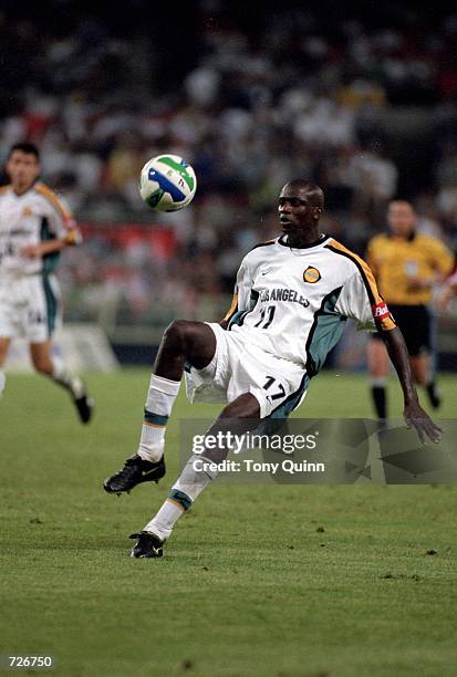 Ezra Hendrickson of the Los Angeles Galaxy gets ready to kick the ball during the game against the D.C. United at the RFK Stadium in Washington, D.C....