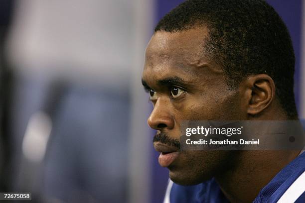 Marvin Harrison of the Indianapolis Colts looks on from the bench against the Philadelphia Eagles November 26, 2006 at the RCA Dome in Indianapolis,...