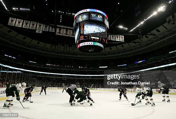 The Chicago Blackhawks and the Dallas Stars line up for a face off November 29, 2006 at the United Center in Chicago, Illinois