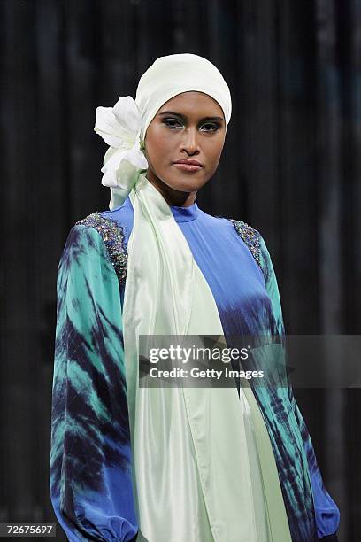 Model wears Kapas Couture at the Islamic Fashion Festival on the third day of Malaysian-International Fashion Week at the Kuala Lumpur Convention...