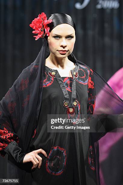 Model wears Kapas Couture at the Islamic Fashion Festival on the third day of Malaysian-International Fashion Week at the Kuala Lumpur Convention...