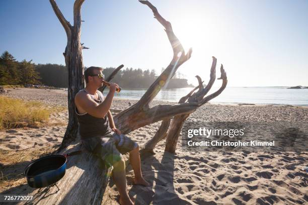 a man sitting on log drinking beer on the beach - sunset bay state park stock pictures, royalty-free photos & images