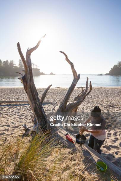 high angle view of a camper making dinner while camping on the beach - sunset bay state park stockfoto's en -beelden