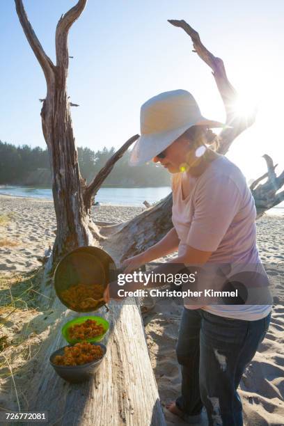 close-up of a woman serves pasta dinner on the beach - sunset bay state park stockfoto's en -beelden