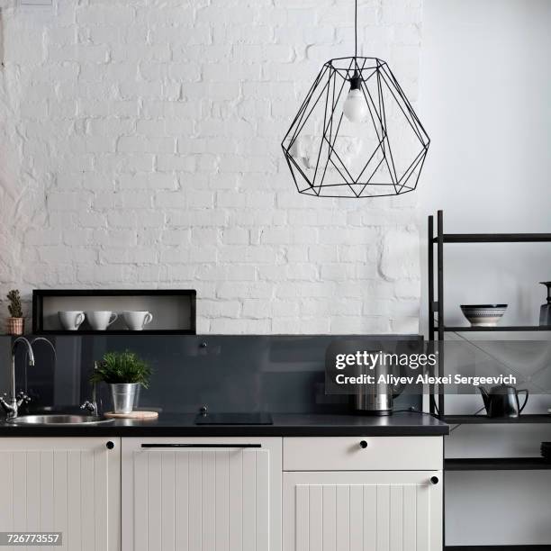 white and black domestic kitchen - kitchen counter stock pictures, royalty-free photos & images