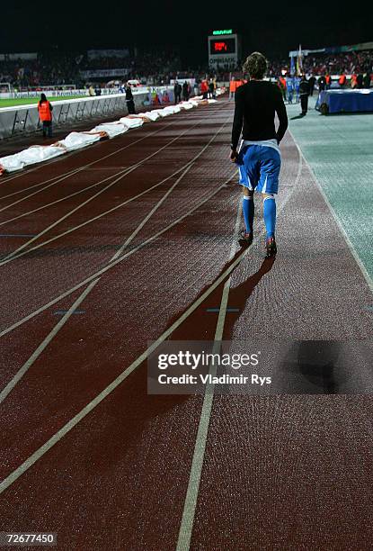 Stefan Kiessling of Leverkusen leaves the stadium after losing 2:1 the UEFA Cup Group B match between Dinamo Bucharest and Bayer Leverkusen at the...