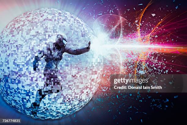 beams of light from futuristic soldier floating in sphere - space war stock pictures, royalty-free photos & images