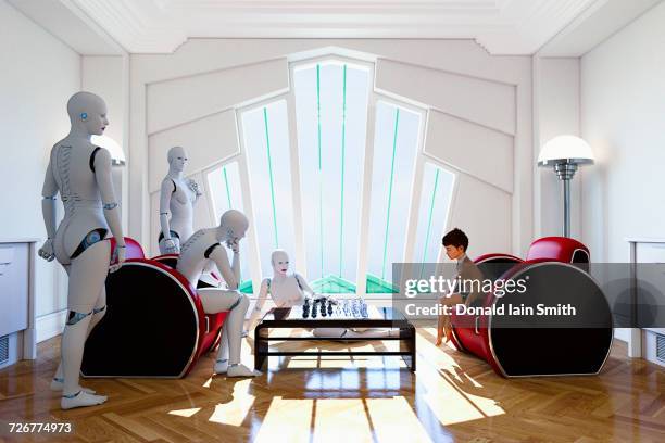 robots playing chess against girl - robot playing chess stock pictures, royalty-free photos & images