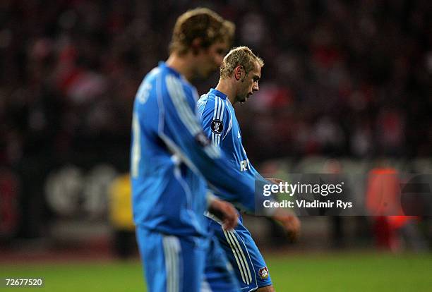 Sergej Barbarez and his team mate Stefan Kiessling of Leverkusen leave dejected the field after losing 2:1 the UEFA Cup Group B match between Dinamo...