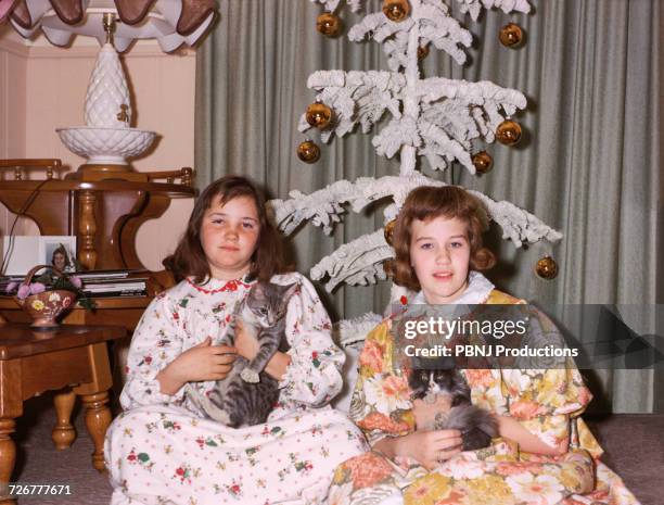 Portrait of Caucasian sisters wearing pajamas holding cats on Christmas