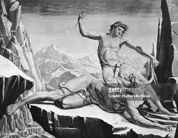 Theseus, an Athenian hero of Greek mythology slays the Minotaur in the labyrinth on Crete, circa 1300 BC. From 'Theseus and the Minotaur' by T. Erat....