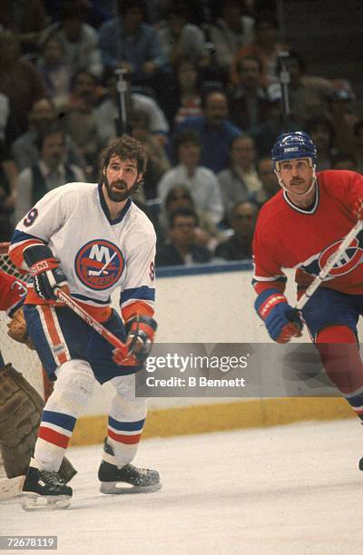 Canadian professional ice hockey player Clark Gillies of the New York Islanders skates on the ice during a game against the Chicago Blackhawks,...