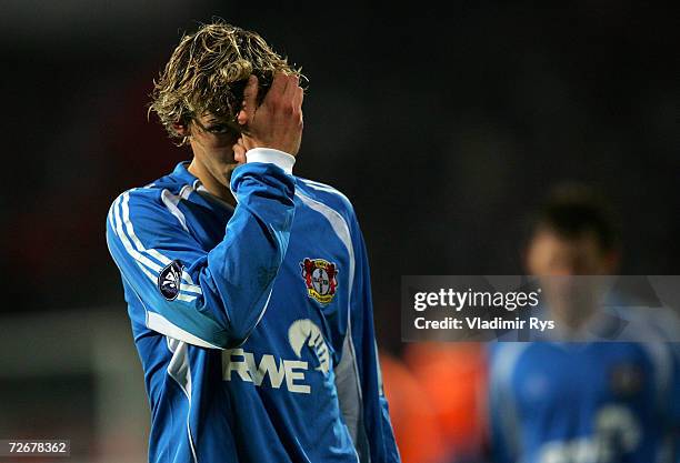 Stefan Kiessling of Leverkusen looks dejected after losing 2:1 the UEFA Cup Group B match between Dinamo Bucharest and Bayer Leverkusen at the Dinamo...