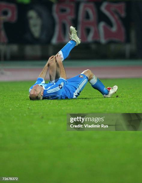 Sergej Barbarez of Leverusen lays the the ground during the UEFA Cup Group B match between Dinamo Bucharest and Bayer Leverkusen at the Dinamo...