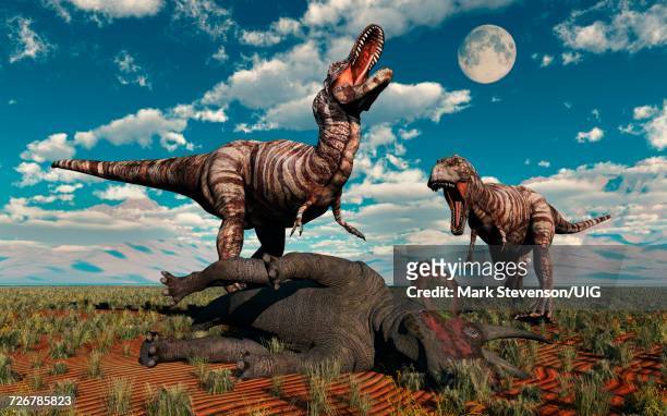 small pack of predatory allosaurus dinosaurs - allosaurus stock-grafiken, -clipart, -cartoons und -symbole
