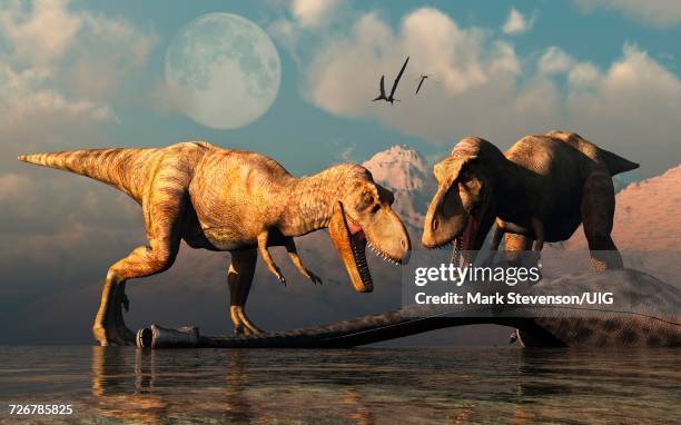 carnivorous t rex chasing a pair velafrons dinosaurs - tyrannosaurus rex running stock illustrations