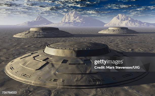 3 gigantic flying saucers found in antarctic - atlantis stock illustrations