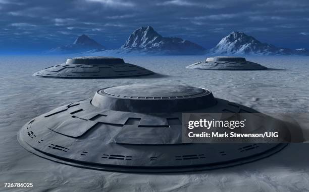 4 gigantic flying saucers found in antarctic - atlantis stock illustrations