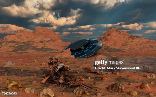 2 alien humanoid skeletal remains near crashed flying saucer - planets colliding stock illustrations