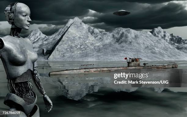 conspiracy theory, nazi german, alien base in antarctic - atlantis stock illustrations