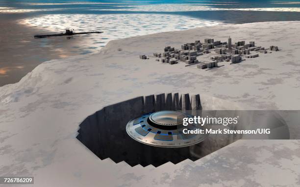conspiracy theory, nazi german, alien base in antarctic - atlantis stock illustrations