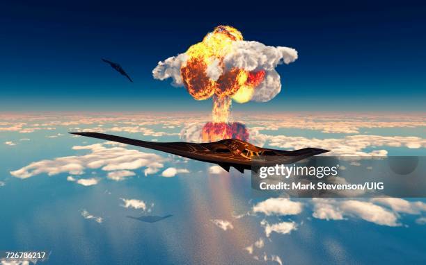 pair of b-2 spirit stealth bombers flying away from atomic bomb explosion - us air force stock illustrations