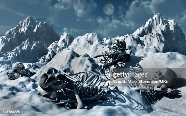 skeletal remains of group of ancient aliens in antarctic - polar stock illustrations