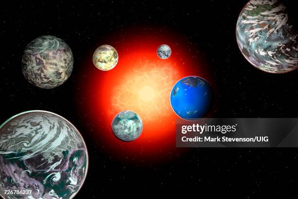 illustrazioni stock, clip art, cartoni animati e icone di tendenza di the trappist star system dwarf star and 7 exoplanets - a bioccoli