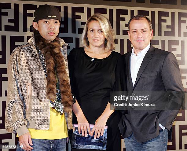 Nigo, Silvia Fendi and Michael Burke, CEO of Fendi attend the Fendi party celebrating their new line of bags "B.MIX" which will be released in the...