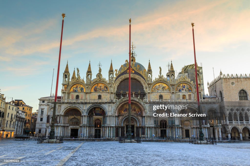 Basilica and Piazza San Marco at dawn after overnight snow, Venice, UNESCO World Heritage Site, Veneto, Italy, Europe