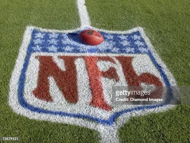 The official football for the National Football League, with the signature of new commissioner Roger Goodell, sits within the NFL logo painted on the...