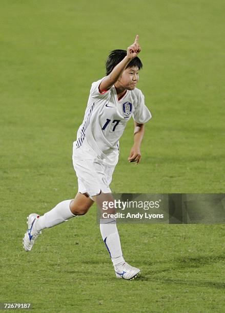 Ji So Yun of the Republic of Korea celebrates scoring during the Women's Preliminary Round Group B match between the Republic of Korea and Chinese...
