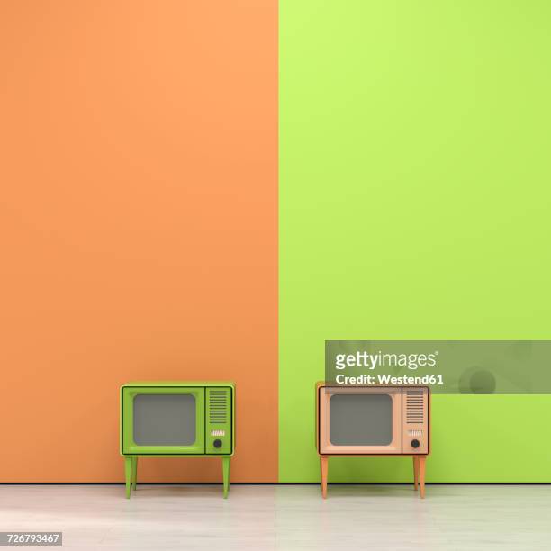 illustrazioni stock, clip art, cartoni animati e icone di tendenza di green and orange television in retro style in front of orange yellow wall - televisore