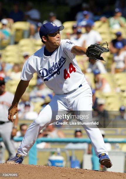 Takashi Saito of the Los Angeles Dodgers pitches against the San Francisco Giants on July 9, 2006 at Dodger Stadium in Los Angeles, California. The...