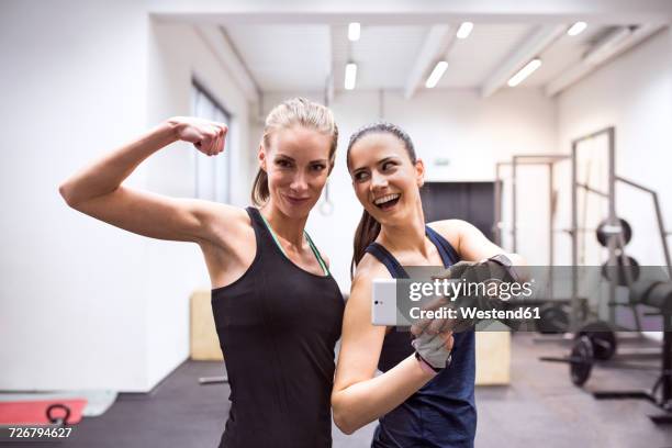 young female athetes taking selfies in gym - leisure facilities stock pictures, royalty-free photos & images