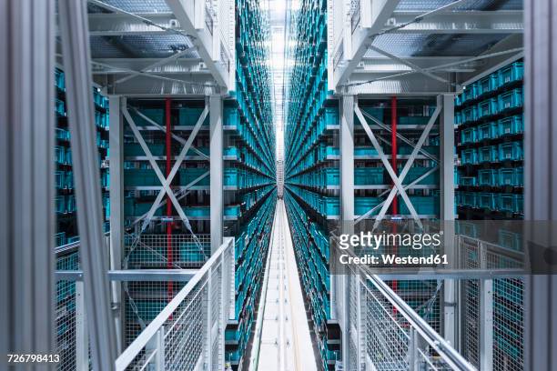 modern automatized high rack warehouse - vanishing point modern stock pictures, royalty-free photos & images