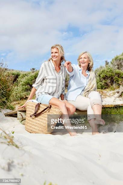 mother and daughter sitting st the beach - mature woman daughter stockfoto's en -beelden