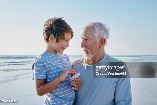 grandfather with grandson on the beach - mussel stock pictures, royalty-free photos & images