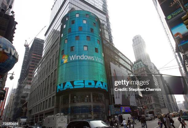 The NASDAQ screen shows the new Microsoft Vista November 30, 2006 in Times Square in New York City. Earlier, Microsoft Chairman Steve Ballmer...