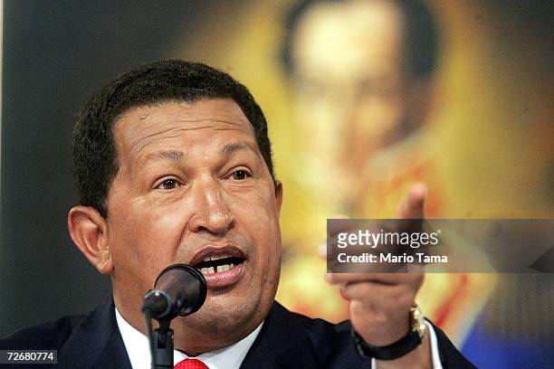 President Hugo Chavez speaks at a press conference in Miraflores Palace November 30, 2006 in Caracas, Venezuela. Chavez faces off against challenger...