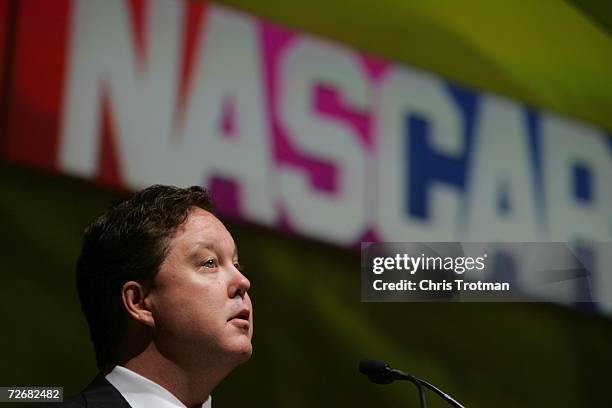 Chairman and CEO Brian France, speaks at the NASCAR NMPA Myers Brothers Award Luncheon, at Ciprani, on November 30, 2006 in New York City.