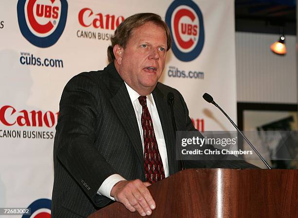 General manager Jim Hendry of the Chicago Cubs speaks during a news conference to announce the signing of Alfonso Soriano to an eight-year free agent...