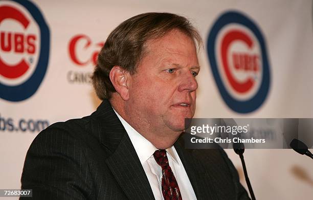 General manager Jim Hendry of the Chicago Cubs speaks during a news conference to announce the signing of Alfonso Soriano to an eight-year free agent...