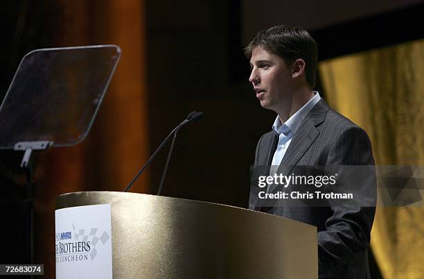 Driver Denny Hamlin speaks to the crown after receiving the Rookie of the Year award, during the NASCAR NMPA Myers Brothers Award Luncheon, at...