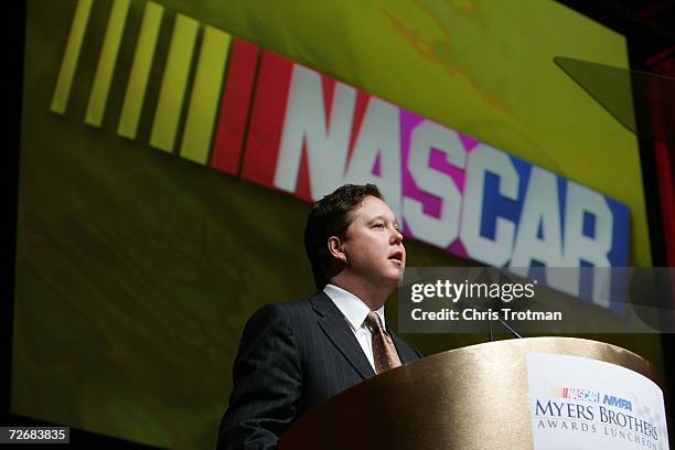 Chairman and CEO Brian France, speaks at the NASCAR NMPA Myers Brothers Award Luncheon, at Ciprani, on November 30, 2006 in New York City.