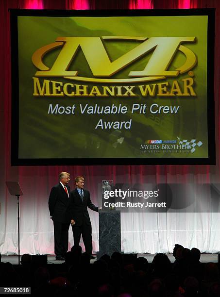 Driver Jeff Burton, receives the Mechanix Wear Most Valuable Pit Crew Award, during the NASCAR NMPA Myers Brothers Award Luncheon, at Ciprani, on...