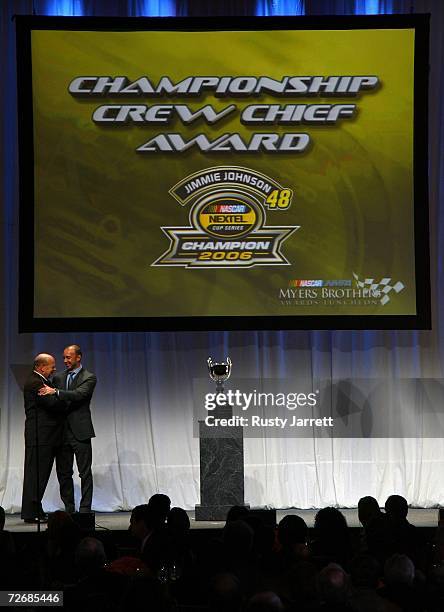 The 2006 NASCAR Nextel Cup Series Champion crew chief Chad Knaus, is congratulated by John Darby, NASCAR Nextel Cup Series Director, as he receives...